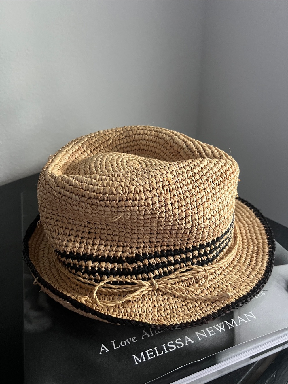 GAP Woven Straw Fedora in Tan with Black Trim